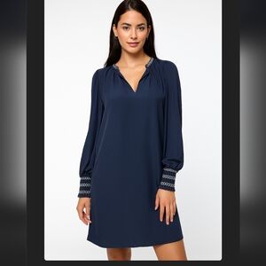 Ann Taylor Navy Blue Long Sleeve Shift Dress Embroidered Cuffs